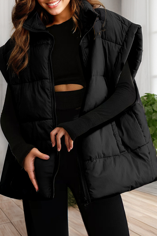 Solid Zipper Stand Neck Oversized Puffer Vest