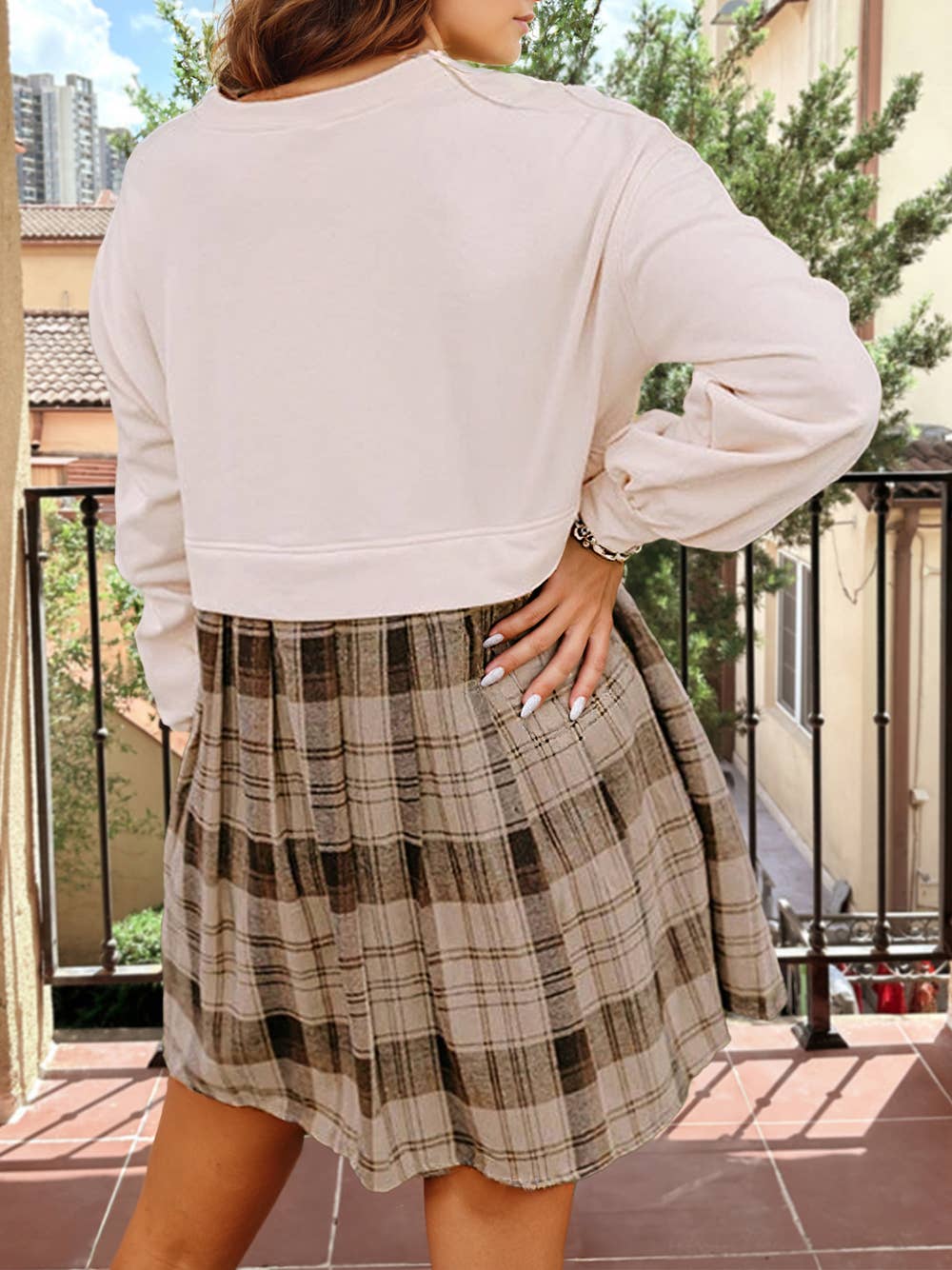 Plaid Patchwork High Waist Sweatshirt Mini Dress
