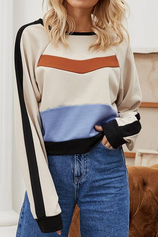 CWTTL0390_WOMEN'S COLOR BLOCK CREW NECK SHORT TOP