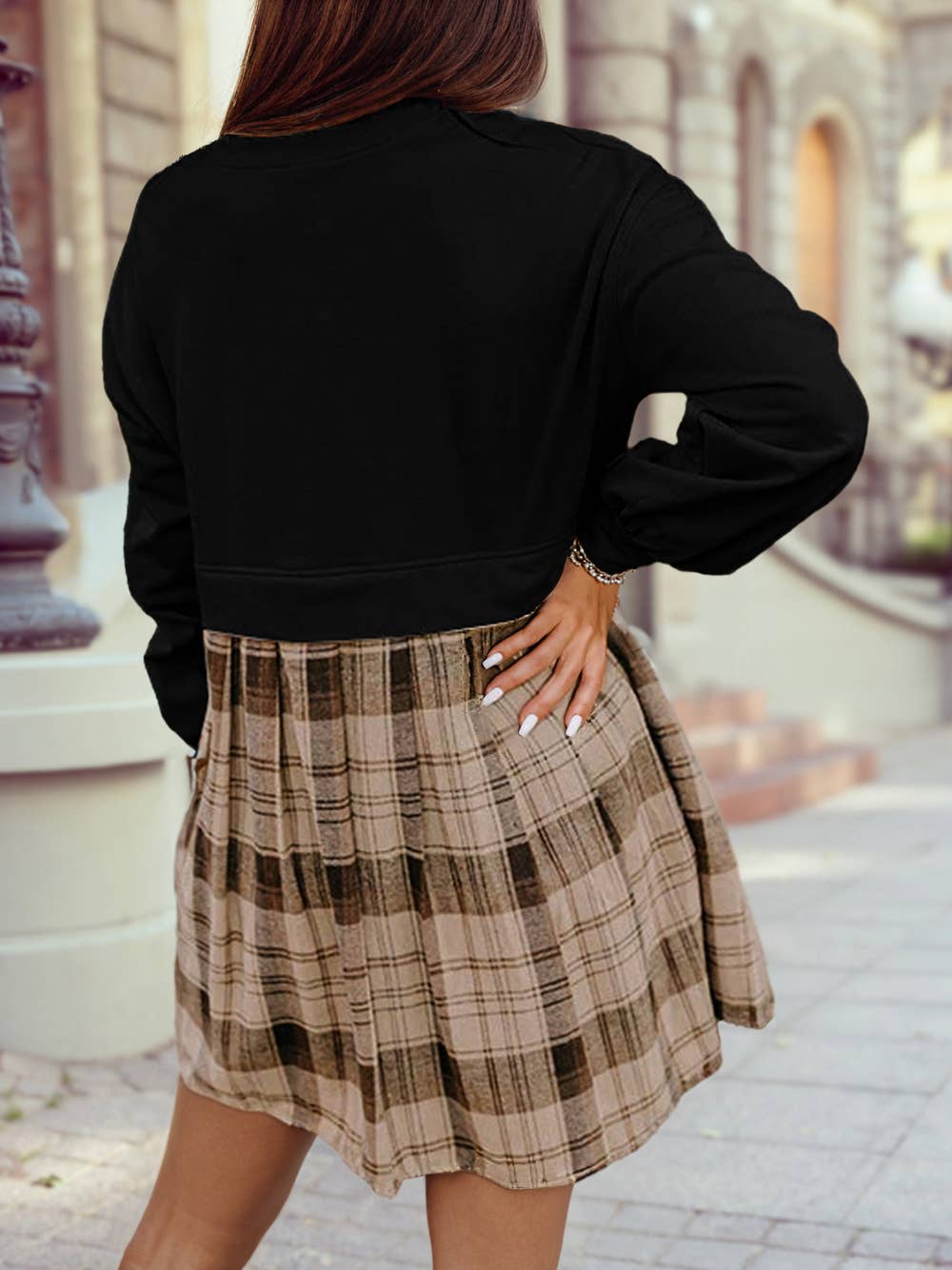 Plaid Patchwork High Waist Sweatshirt Mini Dress