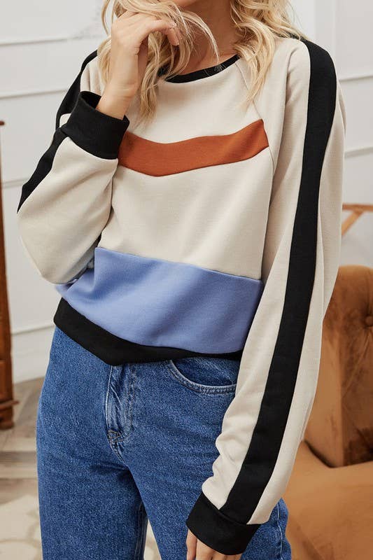 CWTTL0390_WOMEN'S COLOR BLOCK CREW NECK SHORT TOP