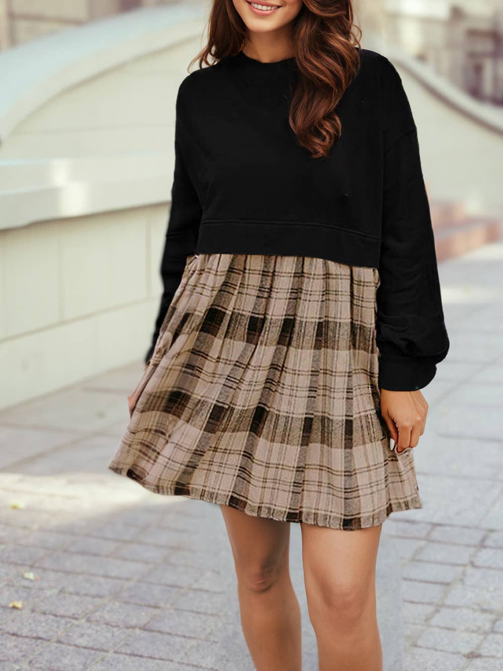 Plaid Patchwork High Waist Sweatshirt Mini Dress