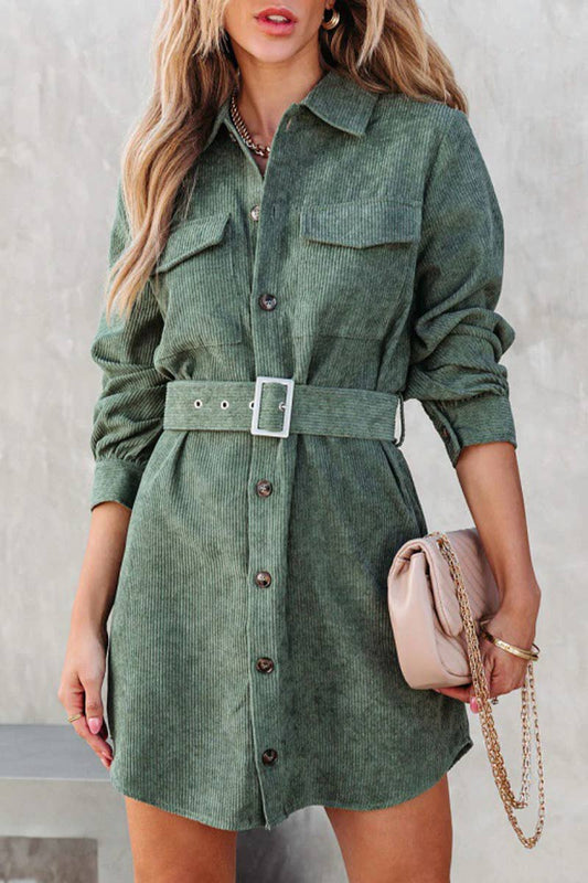 WOMEN BUTTON DOWN CORDUROY BELTED SHORT DRESS_CWDSD1748