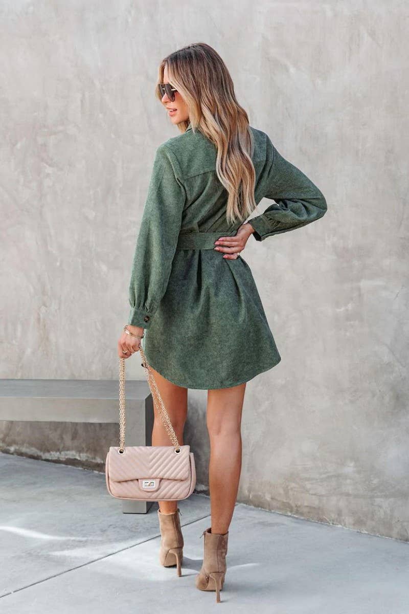 WOMEN BUTTON DOWN CORDUROY BELTED SHORT DRESS_CWDSD1748