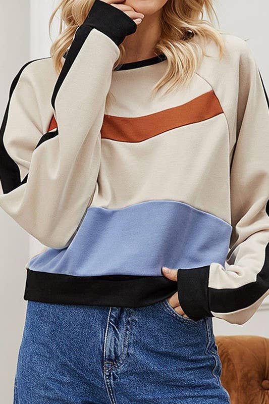CWTTL0390_WOMEN'S COLOR BLOCK CREW NECK SHORT TOP